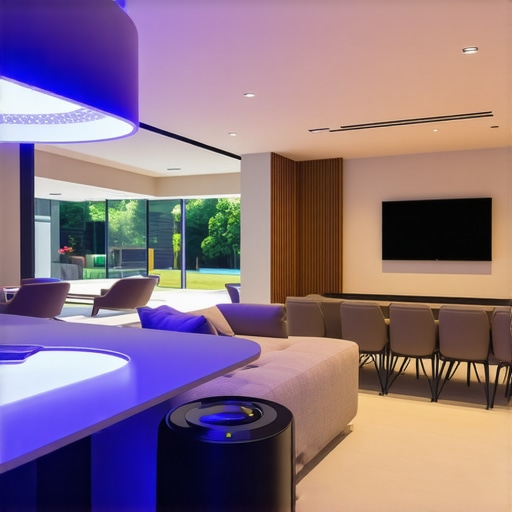 A futuristic home with UV sterilization devices, antimicrobial surfaces, and smart cleaning tools