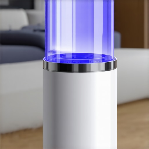 A UV-C sterilization device disinfecting a room in a contemporary home environment