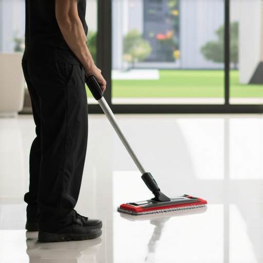 Professional cleaner steaming tiled floor in a contemporary home