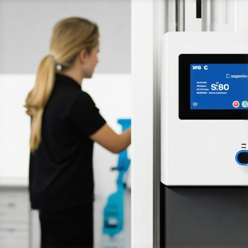 Cleaning staff operating UV-C sterilization equipment in a modern office