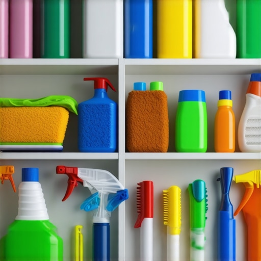 Well-Equipped Cleaning Closet with Professional Tools A tidy closet filled with cleaning supplies, including eco-friendly products and specialized tools