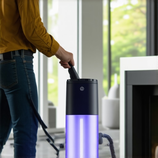 Person using UV-C sterilizer and steam cleaner for deep cleaning