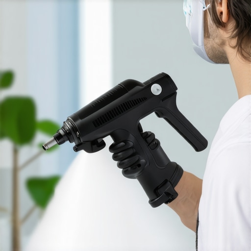 Professional operating electrostatic sprayer and UV-C sterilizer in office environment