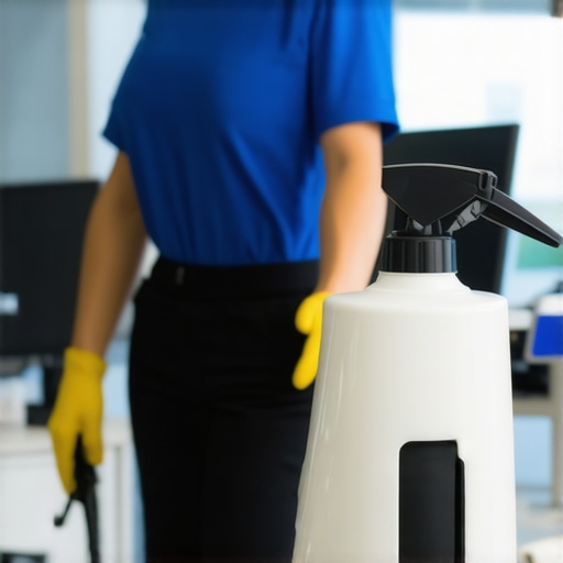 Cleaning staff using high-tech disinfecting tools in an office environment