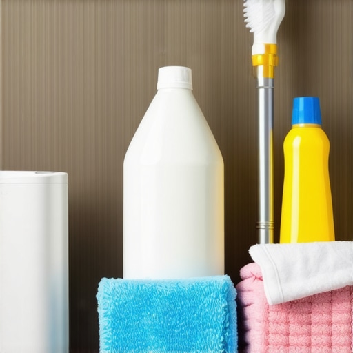 Cleaning tools like UV sterilizer, air purifier, disinfectants, microfiber cloths in a modern home setting.
