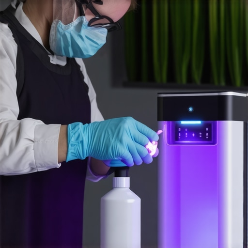 A person operating UV-C sterilizer and electrostatic sprayer in a clean, modern office