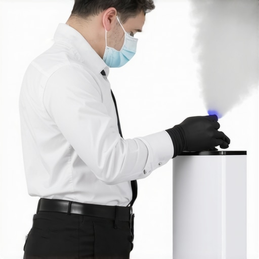 Advanced sanitization tools in action Professional operating UV sterilizer and electrostatic sprayer for deep cleaning in an office