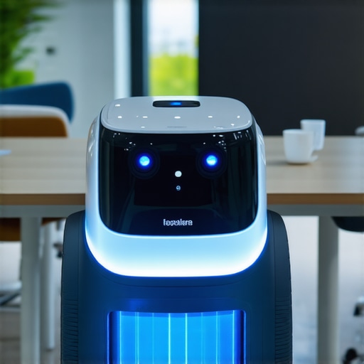 A robot using UV light to disinfect an office space