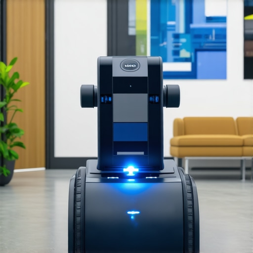 A futuristic office environment with UV sterilizers and cleaning robots