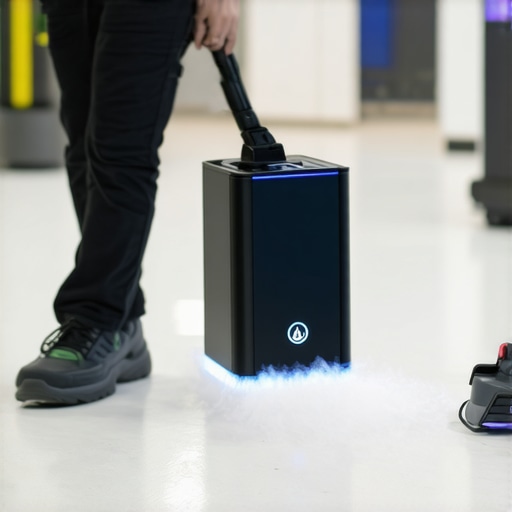 Electrostatic sprayer and UV-C sterilizer disinfecting a modern office space