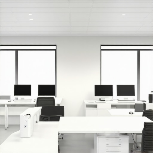 Office environment with UV-C sterilizers and electrostatic sprayers demonstrating advanced cleaning techniques.