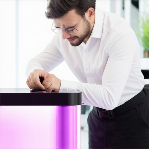 Cleaning technician operating UV sterilizer in office environment