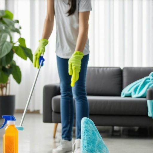 Person thoroughly cleaning a modern living room with cleaning tools and disinfectants.