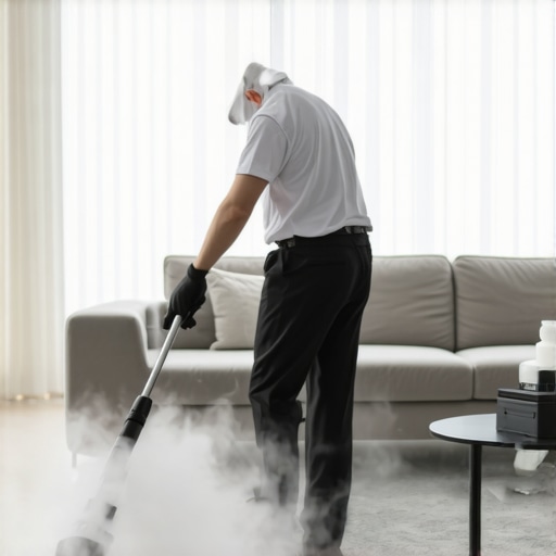 Professional cleaner using steam cleaner in a living room to remove dirt and microbes.
