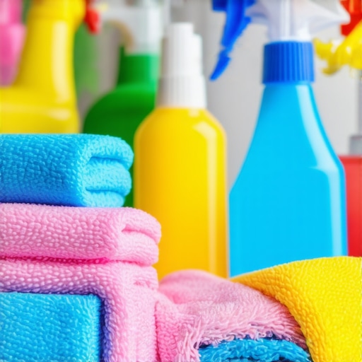 Cleaning tools including microfiber cloths and disinfectant spray for house sanitizing