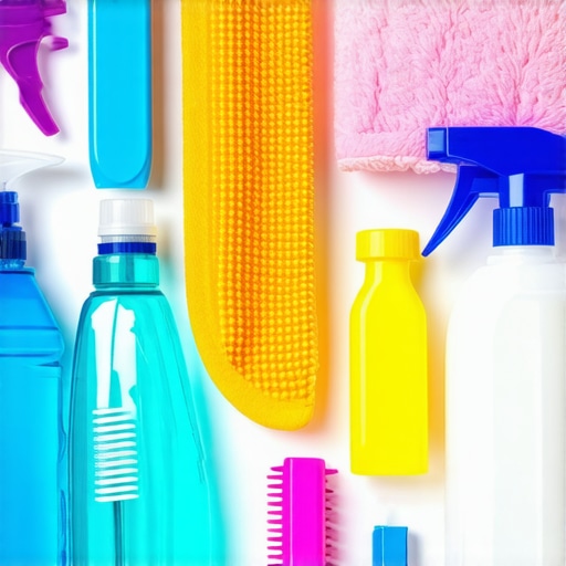 Home cleaning scene with sanitizing tools and disinfectants.