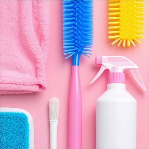A collection of high-quality microfiber cloths, extendable duster, disinfectant spray, and brushes used by cleaning professionals.