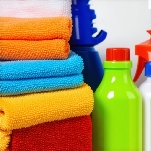 Microfiber cloths, vacuum cleaner, and disinfectant sprays arranged on a cleaning countertop