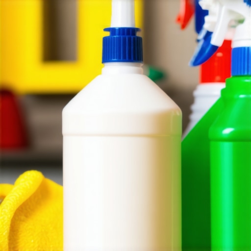 Various cleaning supplies and disinfectants on a clean surface