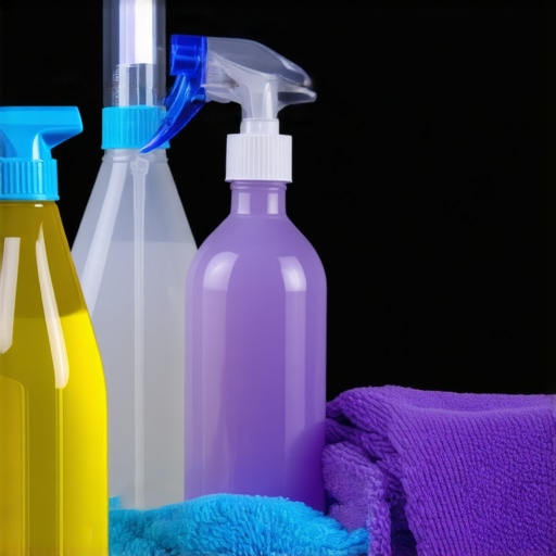 Cleaning tools including disinfectant spray, microfiber cloths, and UV sterilizer in use.