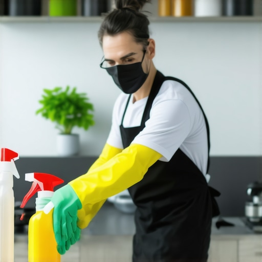 A housekeeper using disinfectant spray on kitchen countertops to eliminate germs.