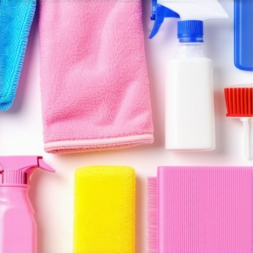 Top-down view of cleaning supplies used for deep cleaning and sanitizing.