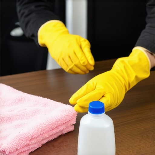Cleaning staff disinfecting office desks with microfiber cloths and sprays.