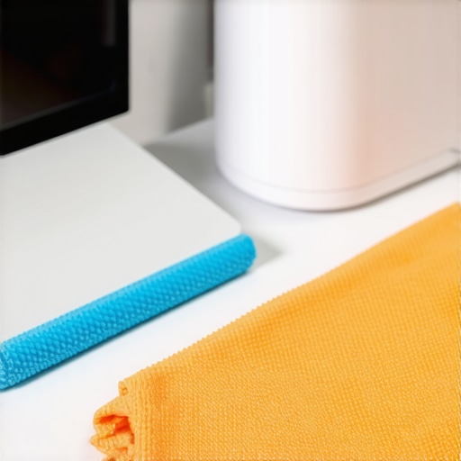 Microfiber cloths, UV-C sterilizer, and electrostatic sprayer arranged neatly for cleaning