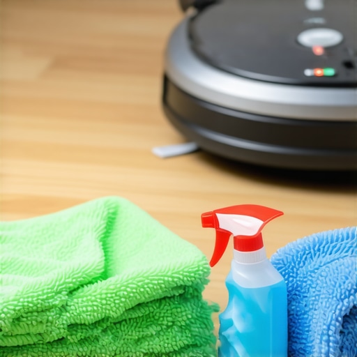 Microfiber cloths, disinfectant spray, and robotic vacuum on a clean surface