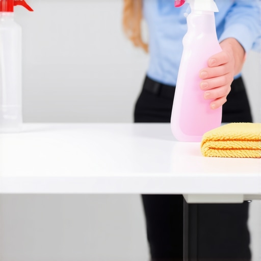 A cleaner disinfecting an office workspace with spray bottles and microfiber cloths.