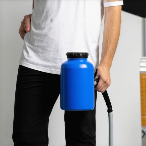 Employee disinfecting office surfaces with an electrostatic sprayer