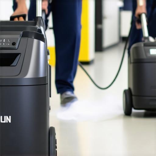 Cleaning professional using steam cleaner and UV sterilizer in an office environment.