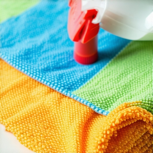 Microfiber cloth cleaning a surface with disinfectant spray