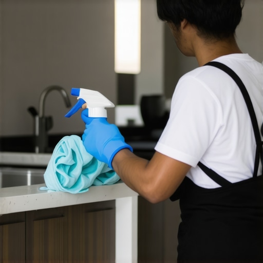 Person using disinfectant spray and cloth to clean kitchen surfaces.