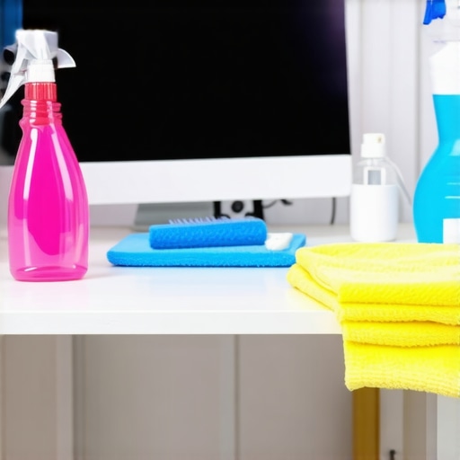 Office desk being disinfected with spray and cloth to promote cleanliness