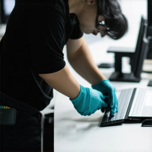 Cleaner using disinfectant spray and microfiber cloth on office surfaces.