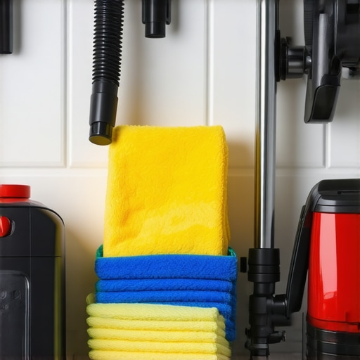 Essential Cleaning Tools for Effortless Maintenance A collection of professional-grade cleaning tools including a steam cleaner, microfiber cloths, and a cordless vacuum arranged neatly
