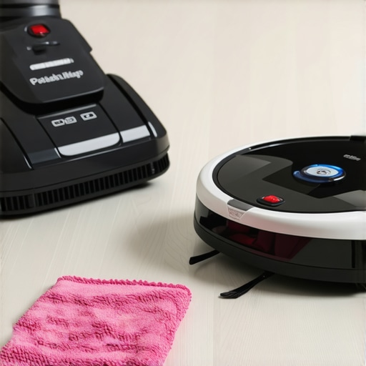 Microfiber cloths, steam cleaner, and robotic vacuum battery-powered in a clean, modern environment.