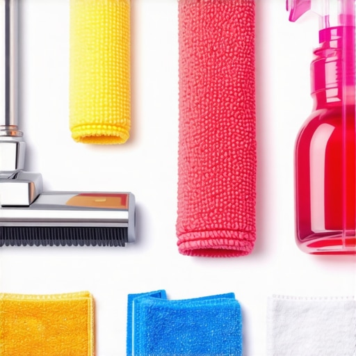 High-quality cleaning tools for home maintenance A set of professional cleaning tools including vacuum cleaner, microfiber cloths, and sanitizing spray placed on a clean countertop
