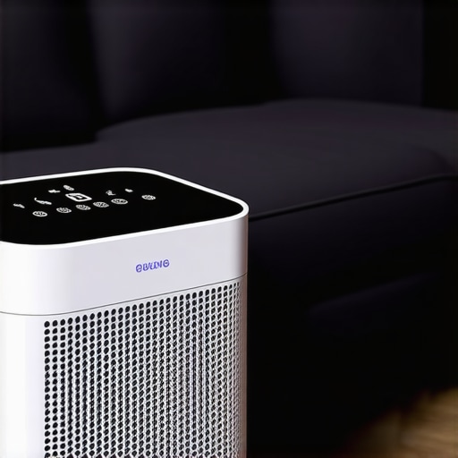 A sleek, modern air purifier operating in a tidy living room setting