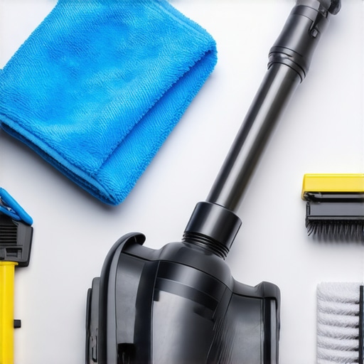 Professional Cleaning Tools Vacuum cleaner and microfiber cloths ready for deep cleaning in a modern home.