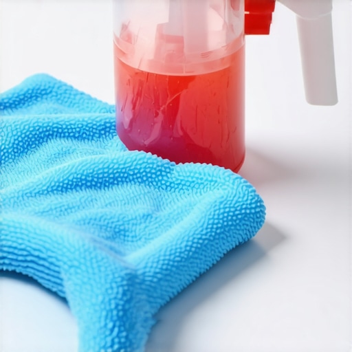 A cleaning cloth disinfecting a doorknob with spray