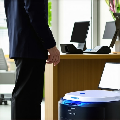 Smart Office Cleaning Equipment Technician operating AI-enabled cleaning robots in modern office space.